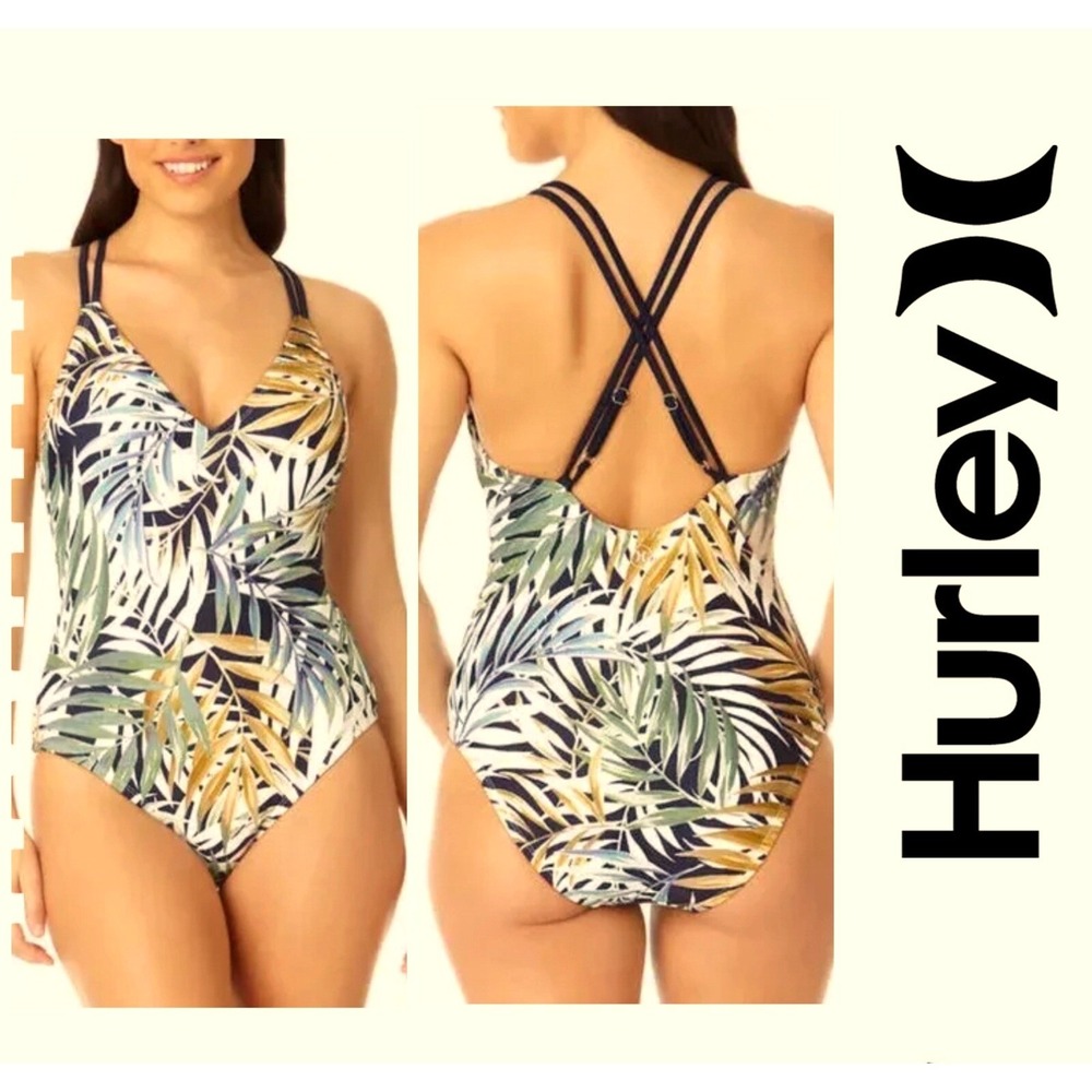 Hurley Swimsuit Women's Large PALMS One Piece Swimwear Tropical White & Green
